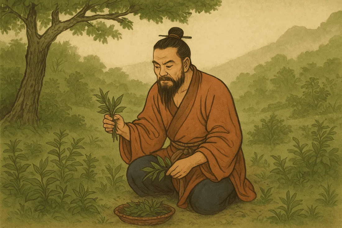Traditional Chinese painting of Shennong sitting under a tree as tea leaves fall into his pot of boiling water, symbolizing the discovery of tea.