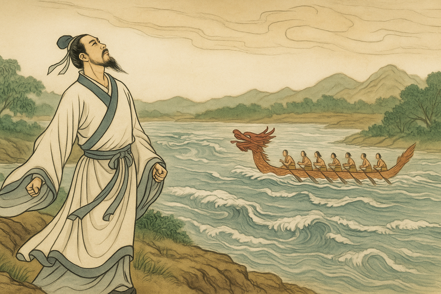 Ilustracija legende o Ću Juenu – tradicionalna kineska slika junaka pored reke