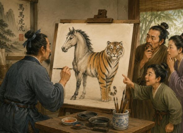 Ilustracija kineskog slikara koji slika biće pola konj pola tigar, inspirisano pričom iza izraza 马马虎虎 (mǎmǎhūhū) u kineskom jeziku.